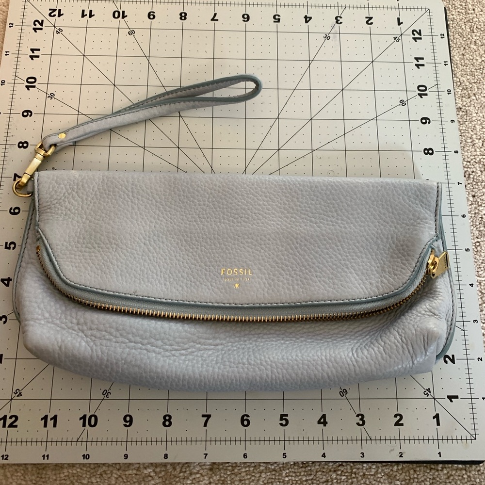 Fossil Light Gray/Blue Leather Pouch with Gold Details